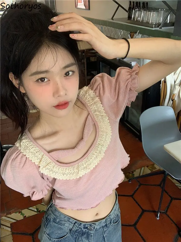 

T-shirts Women Solid Sweet All-match Princess Creativity Ladies Simple Daily Vintage Korean Style Casual Stylish Tender Popular