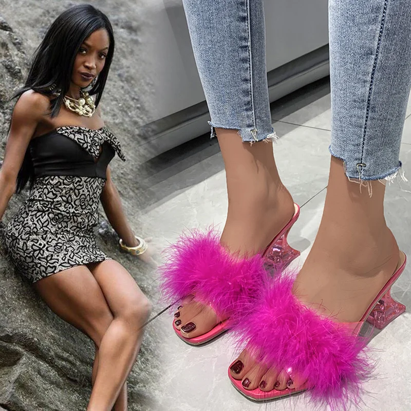 

New Mules Slippers Woman Summer Feather PVC Transparent High Heels Fur Sandals Peep Toe Spike Heel Ladies Slides Shoes