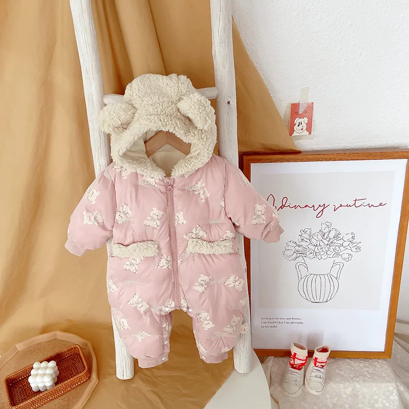 

Winter Baby Rompers Infant Girls Clothes Fur Lining Boys Hoodie Jumpsuits Infant Outfit