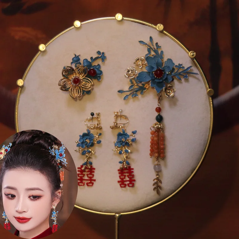 

Свадебные китайские аксессуары для волос Hanfu, заколка для волос с синими цветами для женщин, заколки для волос с цветочными кисточками, беретка, чонсам, набор украшений