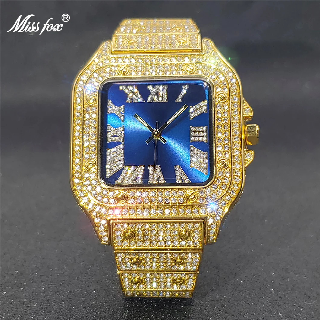 

MISSFOX Gold Watch Men Fashion Luxury Design Royal Blue Dial Couple Square Watches Hip Hop High Quality Timepieces Dropshipping