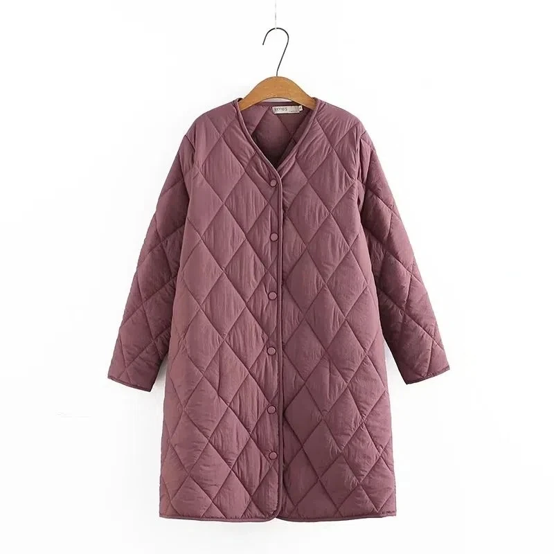 

Women Clothing Parka Winter New Fashion Argyle Jacket Lightweight V-Neck Long Sleeve Tops Cotton-Padded Coat Female Outerwear