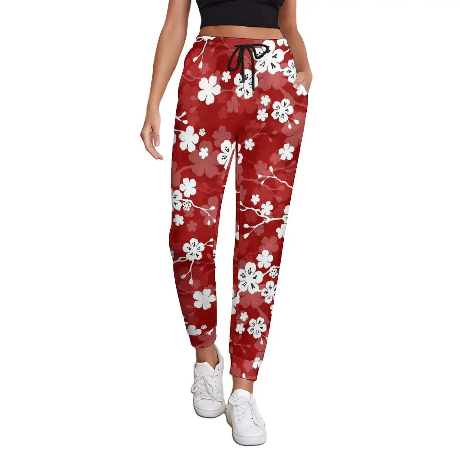 

Red And White Floral Jogger Pants Spring Cherry Blossom Trendy Sweatpants Woman Y2K Graphic Trousers Big Size