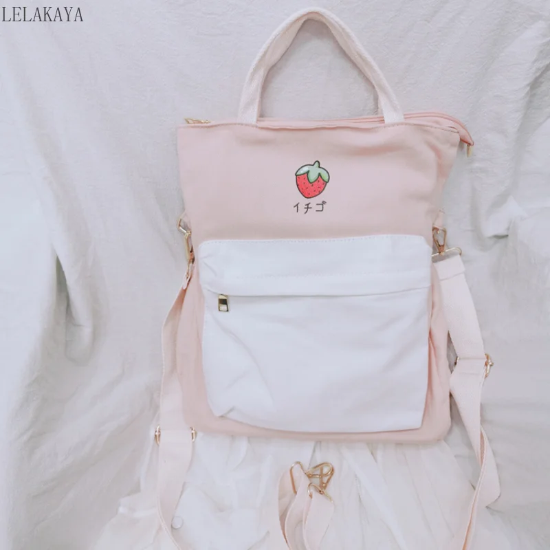 

Student Schoolbag Cute Strawberry Handbag Pink Black Backpack Casual Canvas Shopping Bags Teenagers Girls Shoulder Messenger Bag