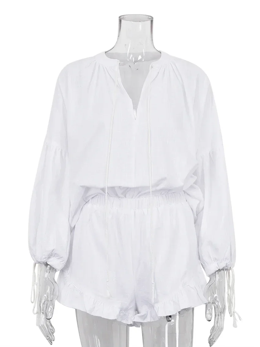 Повседневный свободный белый хлопковый комплект с элегантной кружевной