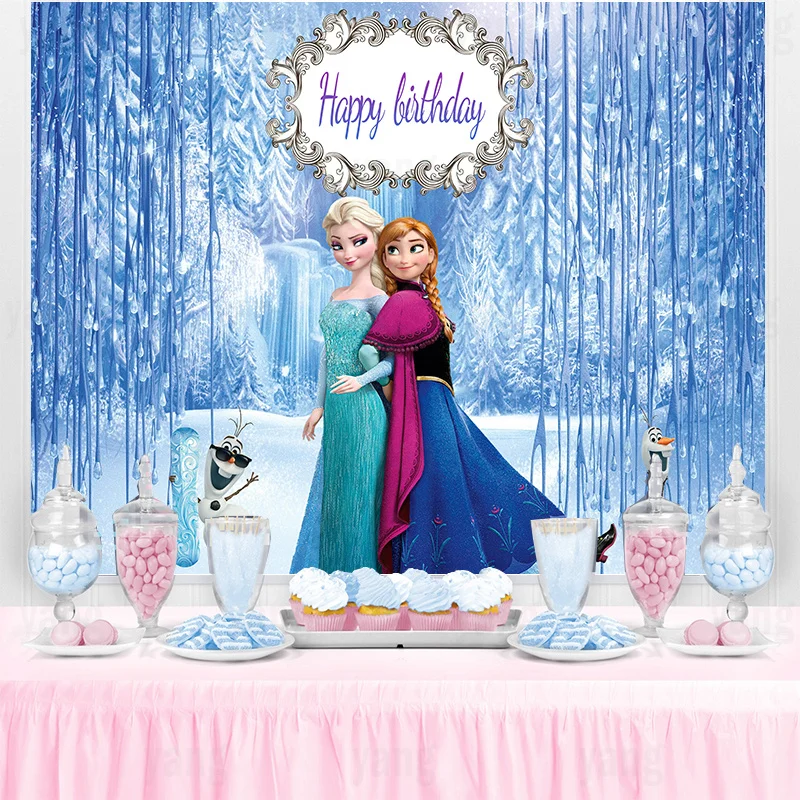 

Disney Cartoon Ice Forest Frozen Olaf Anna Elsa Girls Photography Backdrop Custom Princess Birthday Party Decoration Background