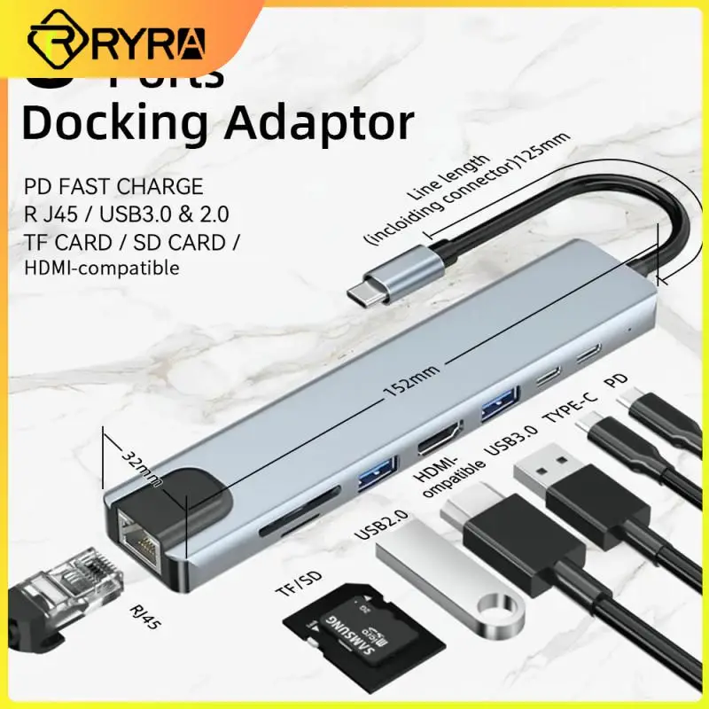 

RYRA 8 In 1 USB C Hub Type-C To 4K -Compatible USB 3.0 RJ45 USB 2.0 SD/TF Card Reader PD Fast Charge Docking Stations For Laptop