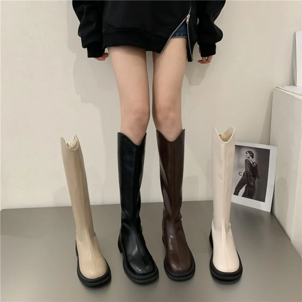 New Luxury Chelsea Boots Women's Knee Boots Autumn PU Leather Female Shoes Low Heel Ankle Boots Slip On Chunky Boots For Woman