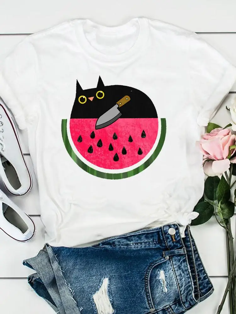 

Fashion Print Short Sleeve Tee Women Clothes T Female Funny Cat Cartoon Sweet Trend Clothing Summer Casual Graphic T-shirts