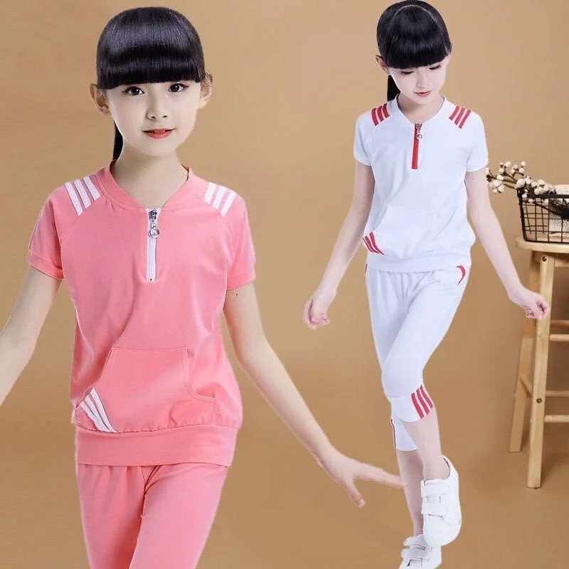 

2023 Summer New Childhood Girls' student Sports Short Sleeve Set Middle and Big children Leisure Fashion Trend kids clothing