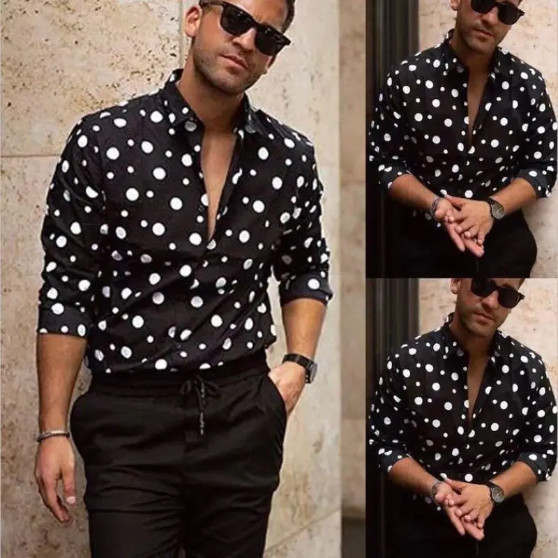 2022 New Single Breasted Black Dot Men's Shirts Business Casual Fashion Long Sleeve Fleece Men's Shirts Autumn Slim Shirts for M