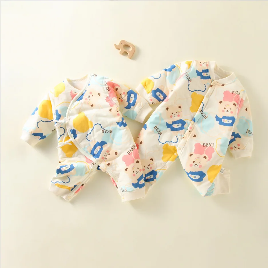 

Jenny&Dave 2023 Spring and Autumn Thin Cotton Men's and Women's Treasures Baby Cartoon Romper with Side Front Lace Boneless Cott