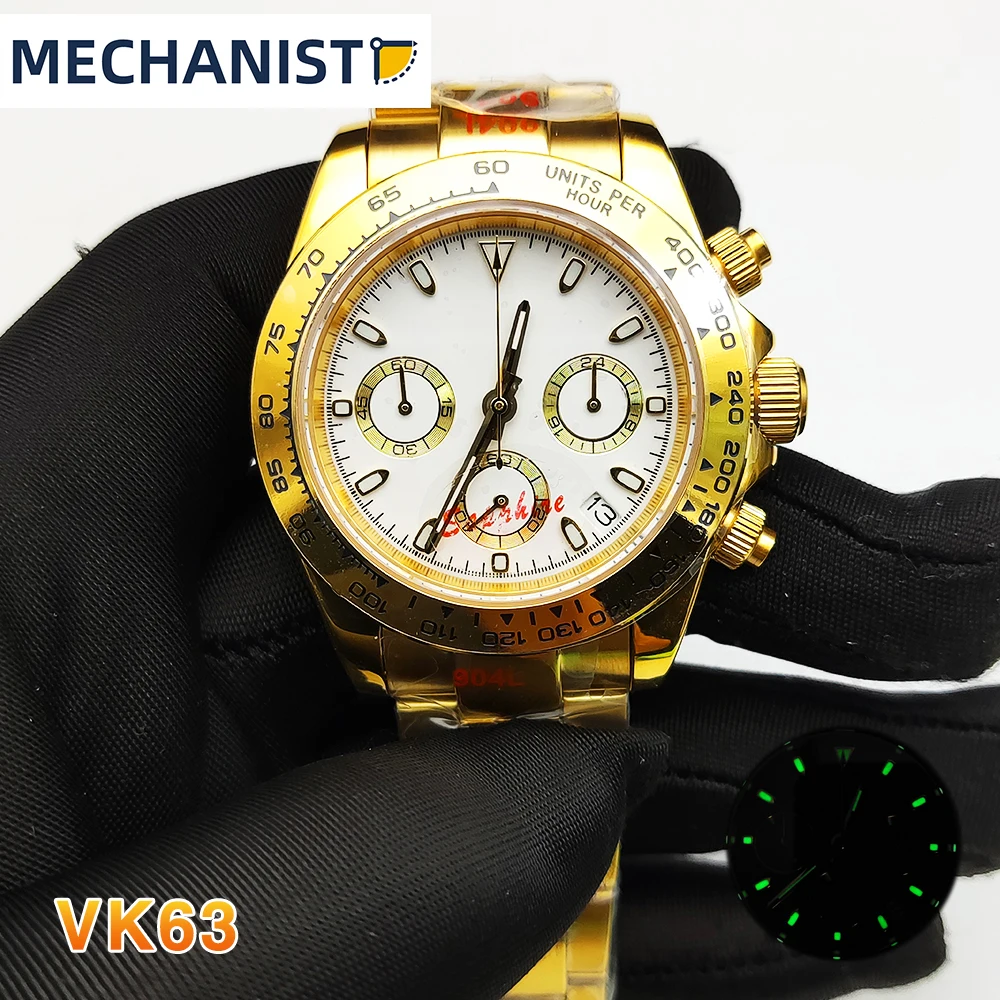 39mm quartz business chronograph sapphire glass men's watch VK63 calibre shines with gold-plated stainless steel case waterproof