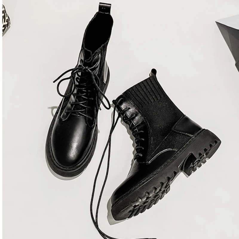 

Big Size 42 43 Women Boots Black Leather Motorcycle Boots Mid-calf Stretch Boots Female Winter Ankle Chunky Shoes Lace Up