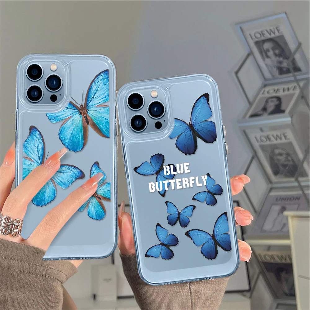 

Blue Butterfly Case for iPhone 14 13 12 11 Pro Max Mini XS XR X Luxury Shell Back Cover for iPhone14promax Capa Clear Fundas