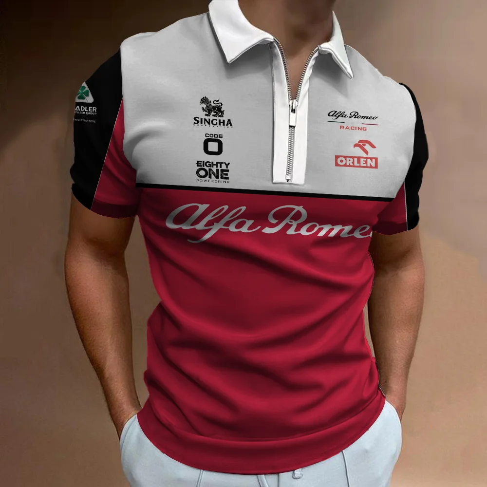

F1 Formula One Alfa Romeo Team Zipper Polo Shirt Men's Outdoor Racing Extreme Sports Casual Fashion Large Short Sleeve
