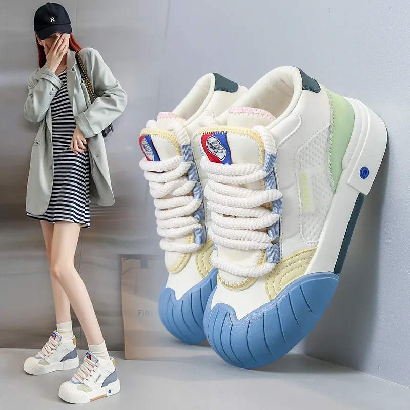 

2023 New Fashion Women's High Top Sneakers Breathable Flat Casual Sneakers Women Lace-up Platform Shoes Women Zapatillas Mujer