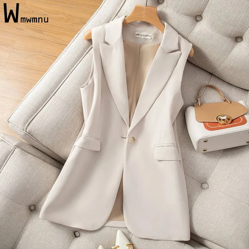 

Women Apricot Sleeveless Blazer Ladies Solid Single Button Slim Suit Coat Femme Korean Fashion Spring Autumn Casual Work Outwear