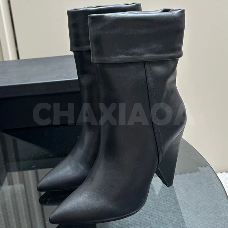 

Ботильоны женские из натуральной кожи, однотонные короткие сапоги с заостренным носком, на высоком каблуке, выразительные, Осень-зима