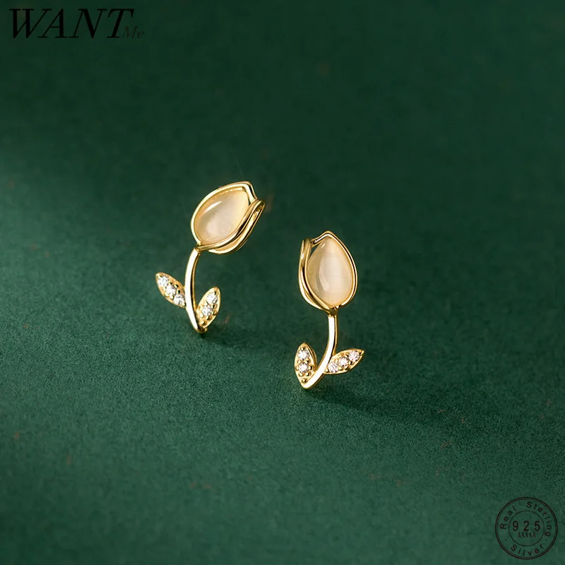 

WANTME 925 Sterling Silver Romantic Statement Gold Tulip Stud Earrings for Women Fashion Opal Elegant Wedding Flower Jewelry