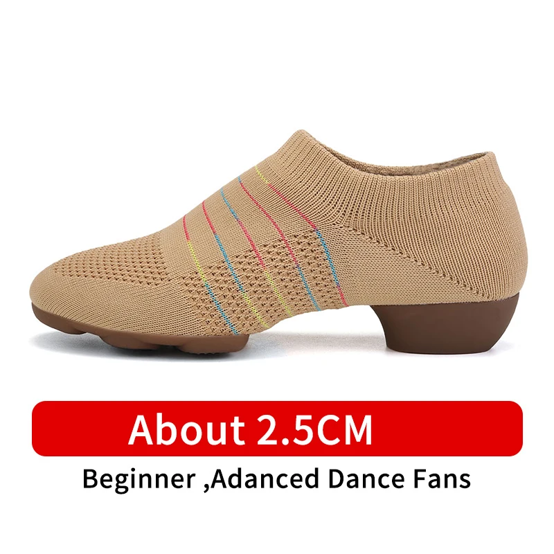 RUYBOZRY Knitted Jazz Dance Shoes For Women Ballroom Girls Tango Salsa Practice Dance Shoes Low Heels Soft Bottom Tan Black