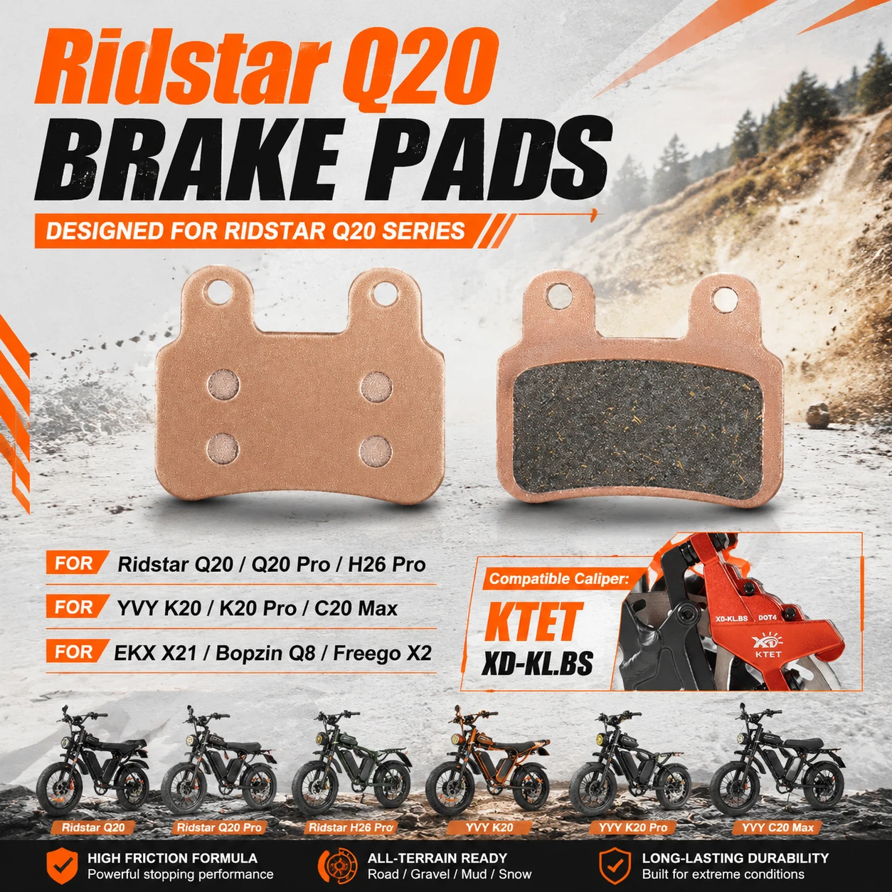 Фото Тормозные колодки Ridstar Q20 полуметаллические, антивибрационные, оптовая упаковка для EKX X21 Bopzin Q8 YVY K20 Freego X2 KTET XD-KL.BS Ebike №2