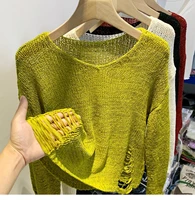 ripped hole knitted t shirt for women long sleeve 2022 summer new outdoor short cutout top ladies causal tees