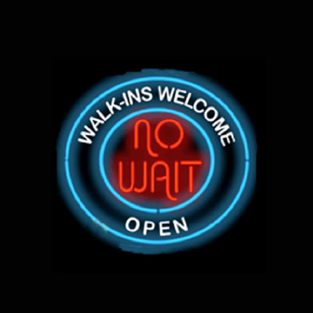 

NO WAIT WALK INS WELCOME OPEN Custom Handmade Real Glass Tube Store Fast Food Advertise Wall Decor Display Neon Sign Light 24X24