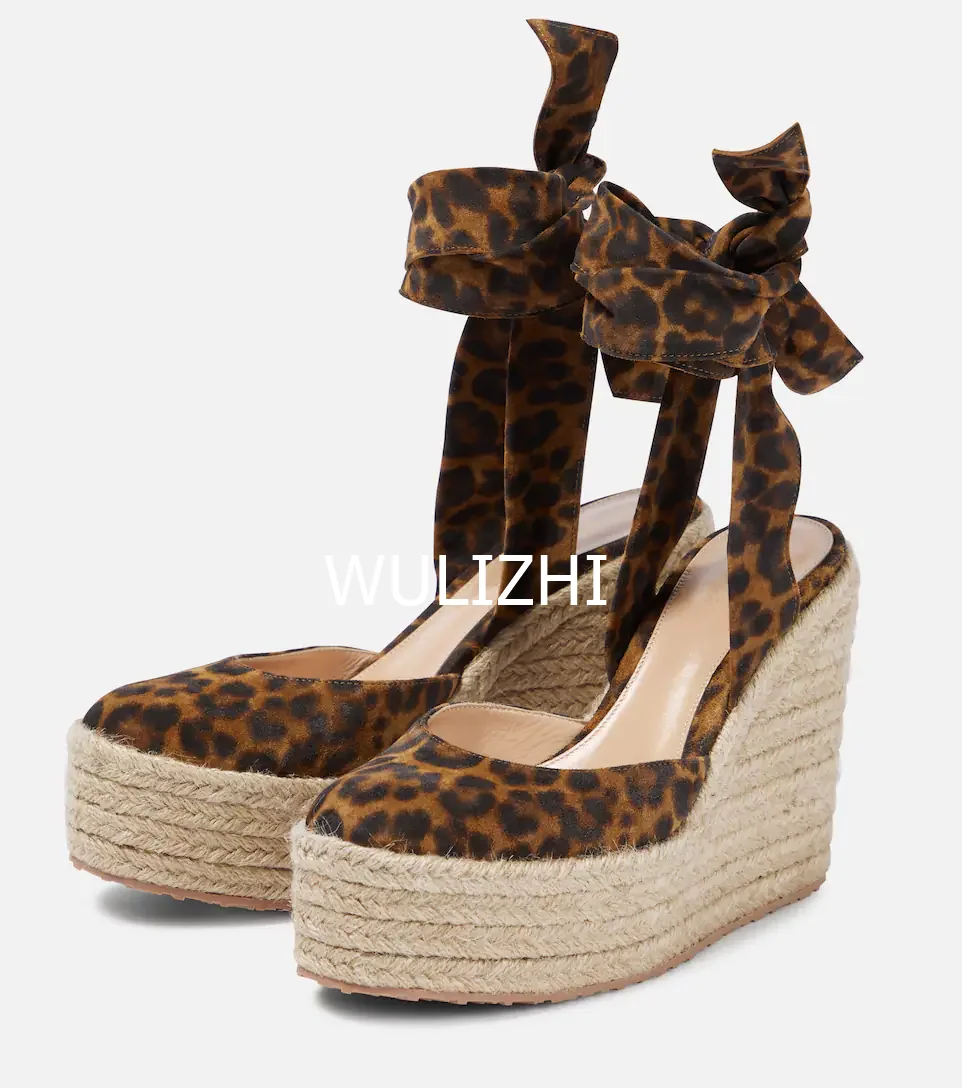 Wedge Leopard Woven Straw Sandals Women Casual Brown Black Suede Velvet Cotton Open Slingback Heels Ankle Straps Lace Beach Shoe