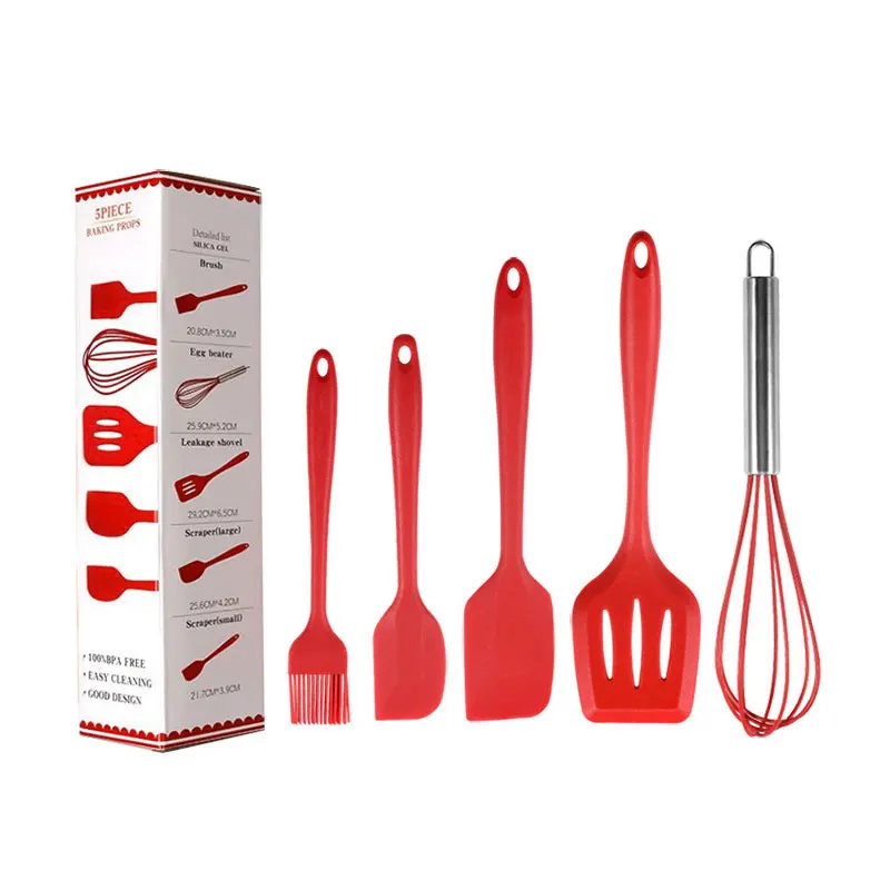 

5Pcs Silicone Cooking Utensil Set Wooden Handle Spatula Soup Spoon Brush Ladle Pasta Colander Non-stick Cookware Kitchen Tools