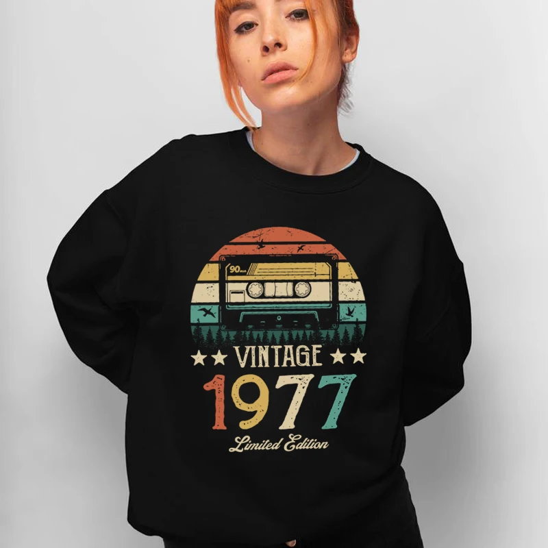 Original Design Vintage Magnetic Tape 1977 46th 46 Years Old Women Sweatshirt Harajuku O Neck Birthday Party Clothes Jumper Top
