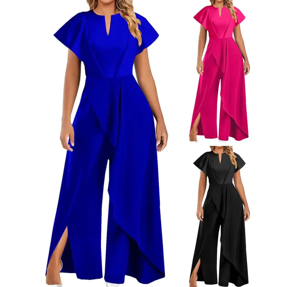 

Women Party Jumpsuit Wide Leg High Waist Split Hem Jumpsuit Short Sleeves Irregular Deep Crotch Lady Banquet Jumpsuit