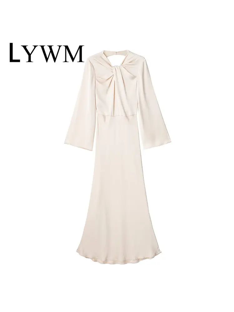 

Женское модное шелковое платье миди LYWM с узлом, винтажное платье с круглым вырезом и открытой спиной, женские шикарные платья с длинными рук...