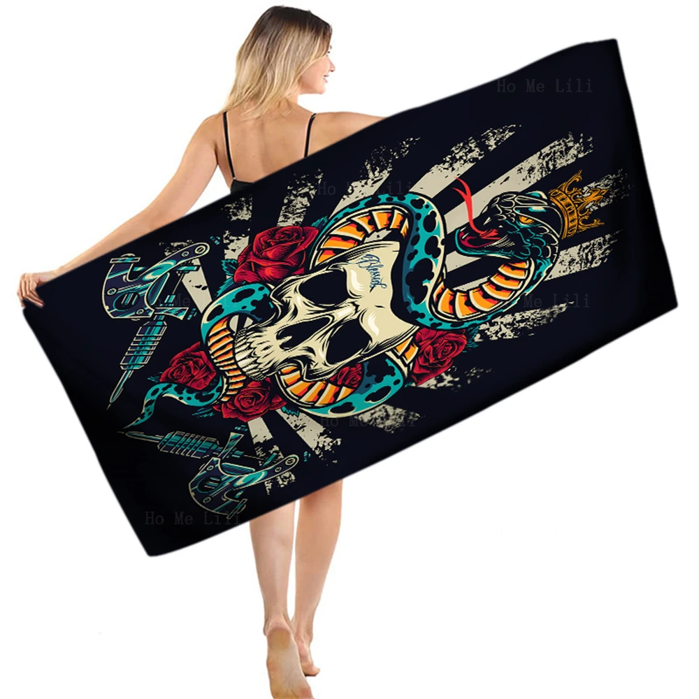 

Vintage Colorful Tattoo Green Snake Skull Red Rose Crown Viking Berserker Rune Nordic Bear Pagan Quick-Drying Towel