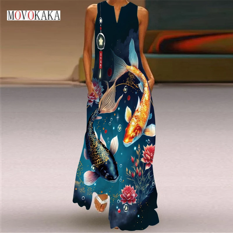 

MOVOKAKA Ladies Spring Summer Blue Long Dress Sleeveless V-neck Casual Beach Dresses Elegant Fish Print Vintage Dress For women