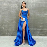 royal blue sexy spaghetti prom dress strapless high slit formal evening gowns open cross back sweep train wedding party dresses