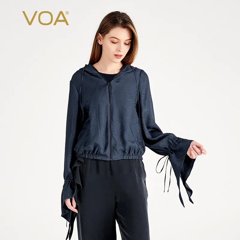 

(Fans Exclusive Discount) VOA Silk Jacquard Navy Blue Long Sleeve Tops Coat Women Zippered Pocket Loose Straight Jacket WE261