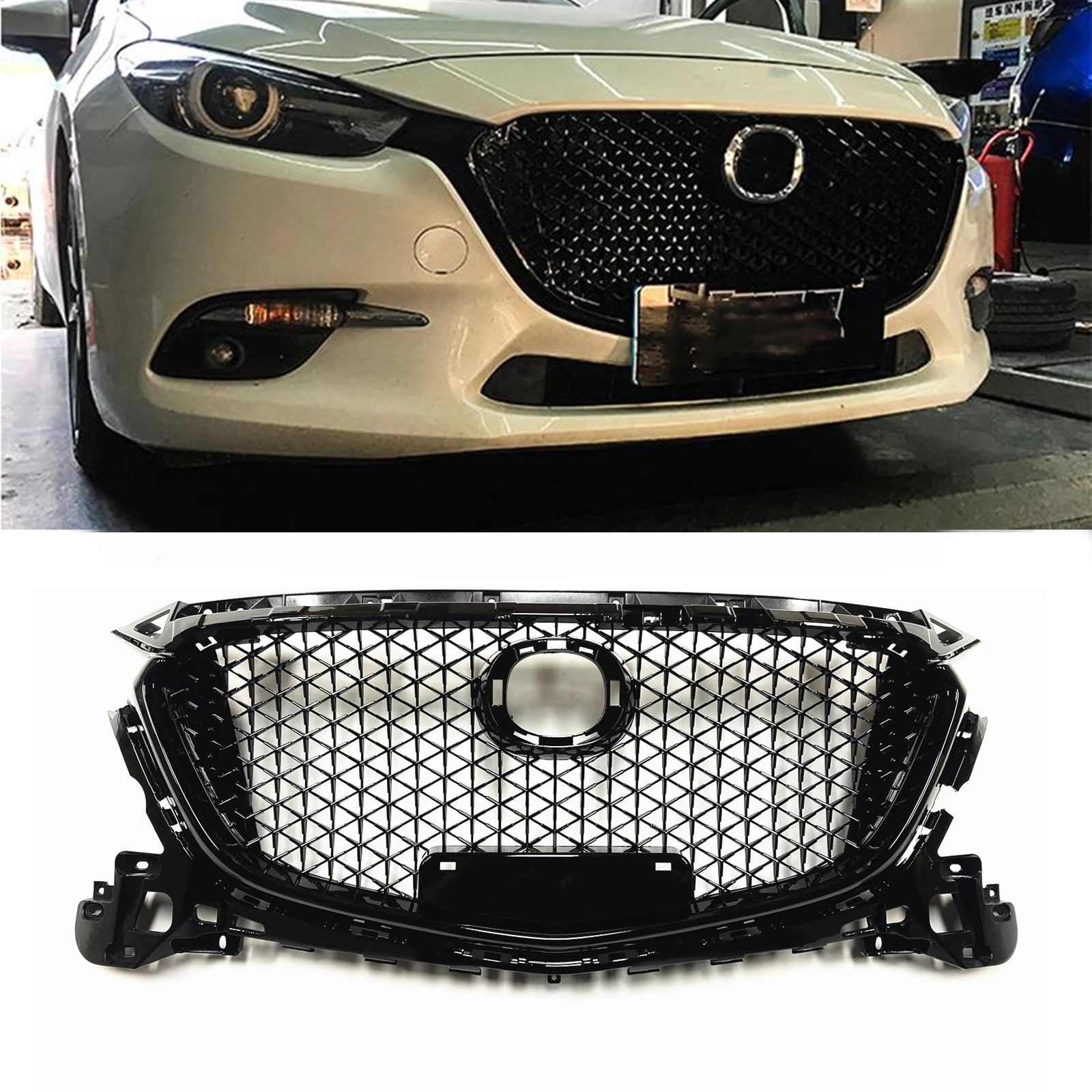 

For Mazda 3 Axela 2017-2018 Front Grille Racing Grill Glossy Black Car Upper Bumper Intake Hood Mesh Honeycomb Style Mazda3 Grid