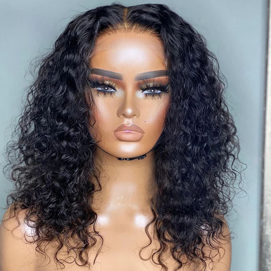 

Natural Black Soft Short Bob Kinky Curly 180% Density Lace Front Wig For Women Babyhair Preplucked Heat Resistant Fiber Daily