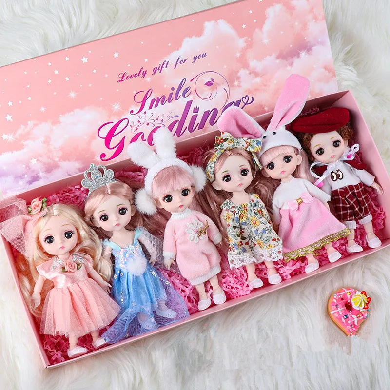 

BJD Doll 13 Movable Joints 3D Eyes 6/piece Set of 16CM Fashion Cute Makeup Gift Box Doll Set Girl Boy Toy Best Gift for Children