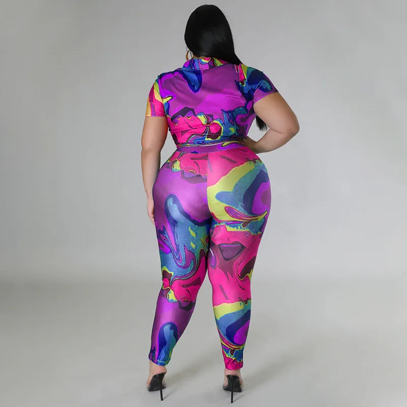 Plus Size Matching Sets Tie Dye Print Tops Shirts And Pants Female Luxury Fashion Blouse Cloth 2023 Summer Women Two Piece Sets