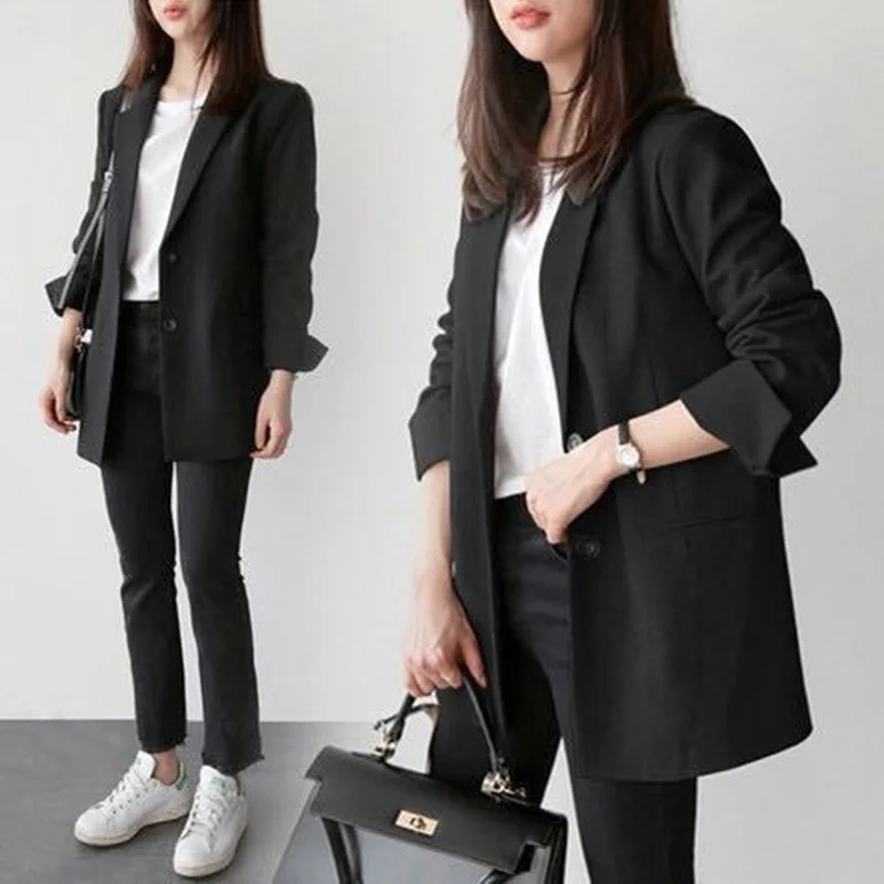 Ladies Spring Oversized Fashion Double Buttons Long Loose Coat Women Black Suit Blazer Office Jacket Formal Casual Autumn 2021