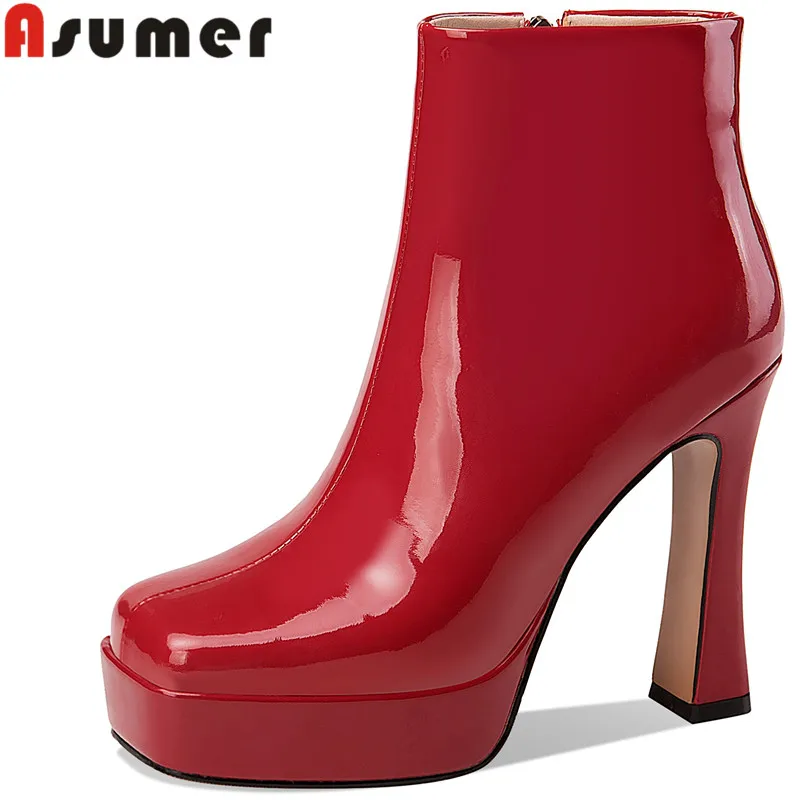 

Женские ботинки из лакированной кожи ASUMER, однотонные ботильоны на платформе и толстом высоком каблуке, на молнии, осень 2023