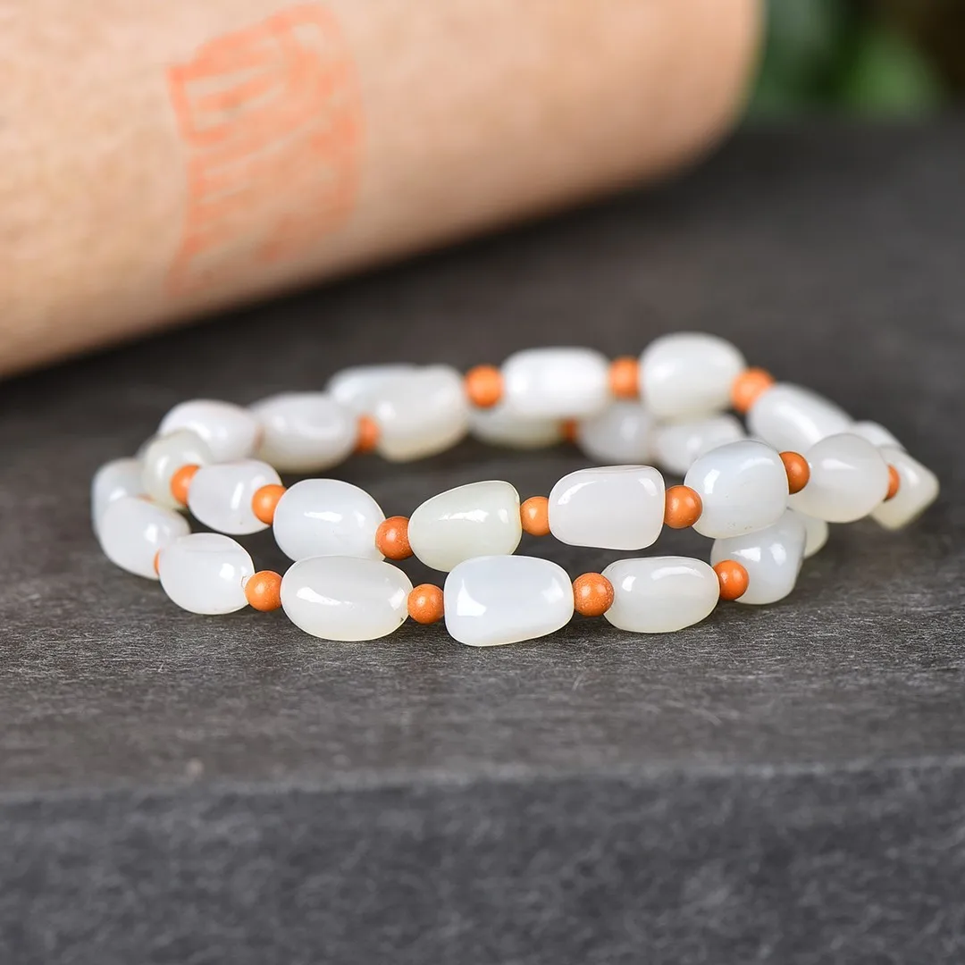 

Natural Hetian Jade Seed Stone Bracelet Men Women Fine Jewelry Raw Jade With Skin Nephrite Beads Tumbled Stones Bracelets