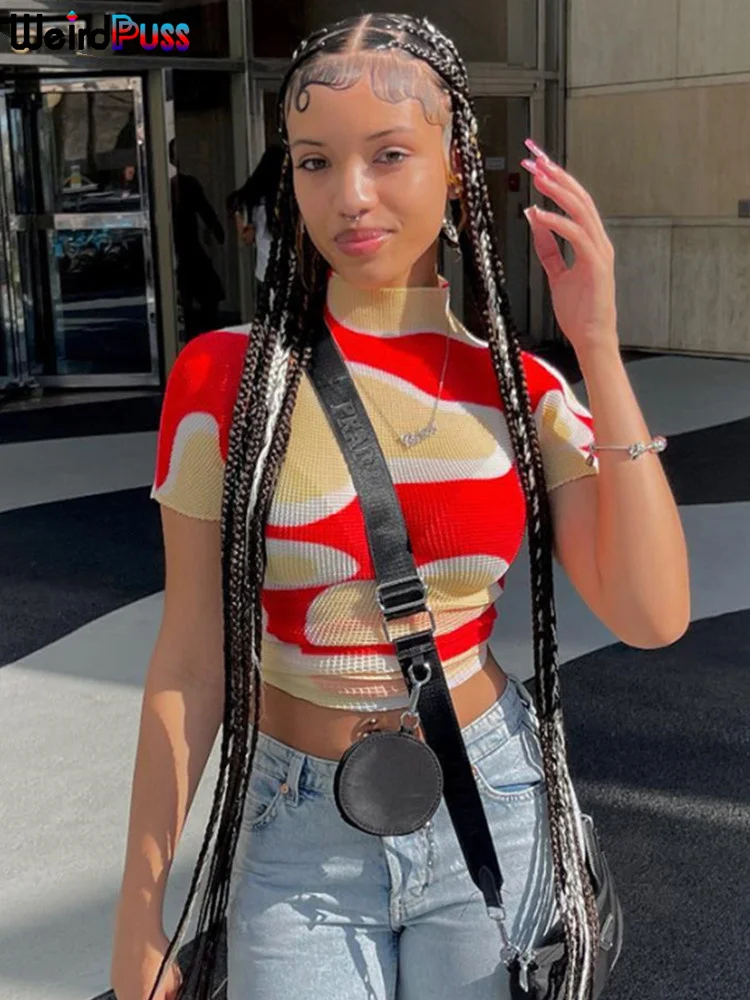 

Необычный кроп-топ Puss Y2K, контрастные цвета, Женская водолазка в стиле пэчворк, с коротким рукавом, Яркий Женский уличный Топ