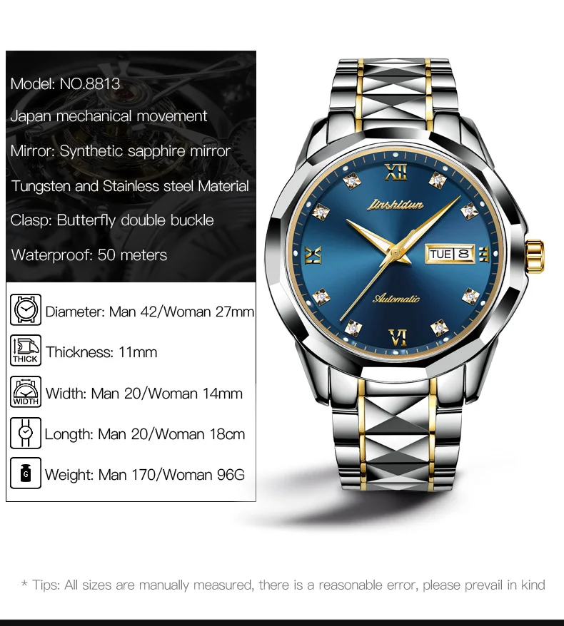TAXAU Luxury Watch For Women Sapphire Automatic High Quality Imported Mechanical Movement Stainless Steel Wristwatch Couple Gift