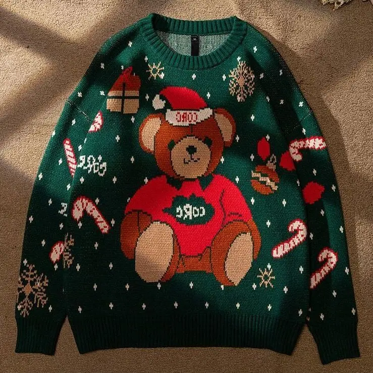 

Винтажный свитер в стиле Харадзюку с рождественским медведем, мужские зимние теплые плотные вязаные пуловеры, новинка 2021, корейские парные свитера в стиле хип-хоп