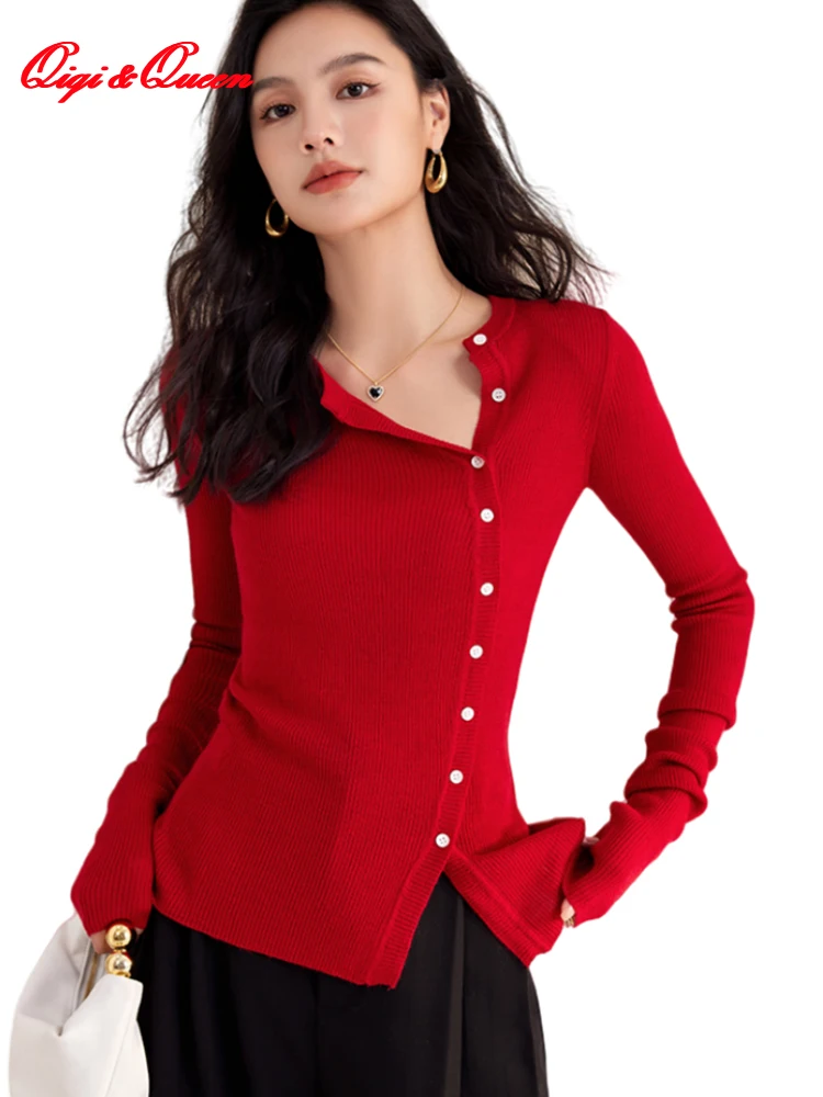 

Qiqi&queen 2023 Autumn Winter Knitted Bottoming Shirt Women Basic Fashion Chic Single-Breasted Long Sleeve Cardigans Sweaters