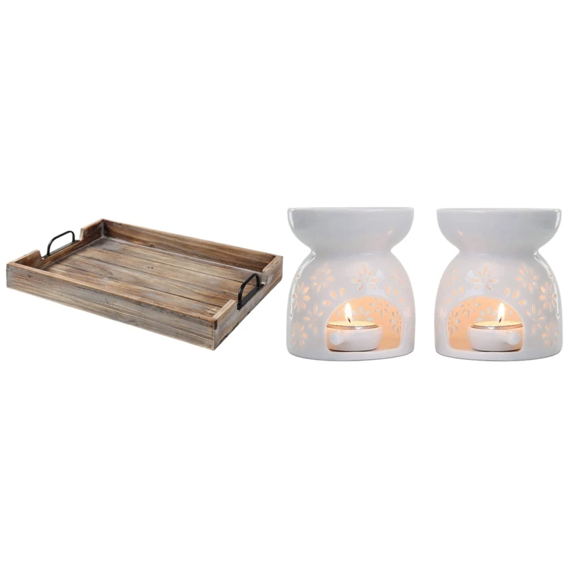 

Wood Breakfast Tray Decorative Table Tray Bed Tray Table Tea Tray With Ceramic Tealight Candle Holder Oil Burner