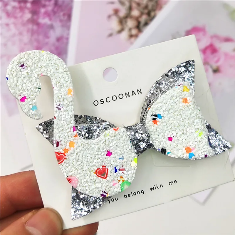 

1PCS Lovely Swan Leather Glitter 2.8 Inch Bow Elastic Hair Bands Hairpins Barrettes Party Clips Hair Accessories For Baby Girls